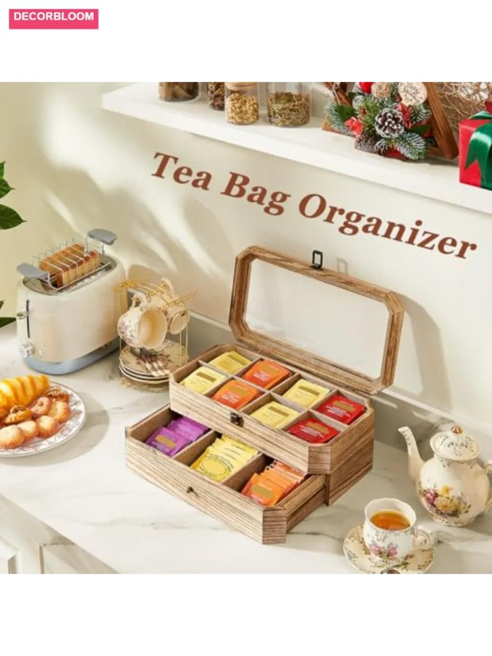 Solid Wood 2 Layer Tea Bag Organizer with Drawer Acrylic Window